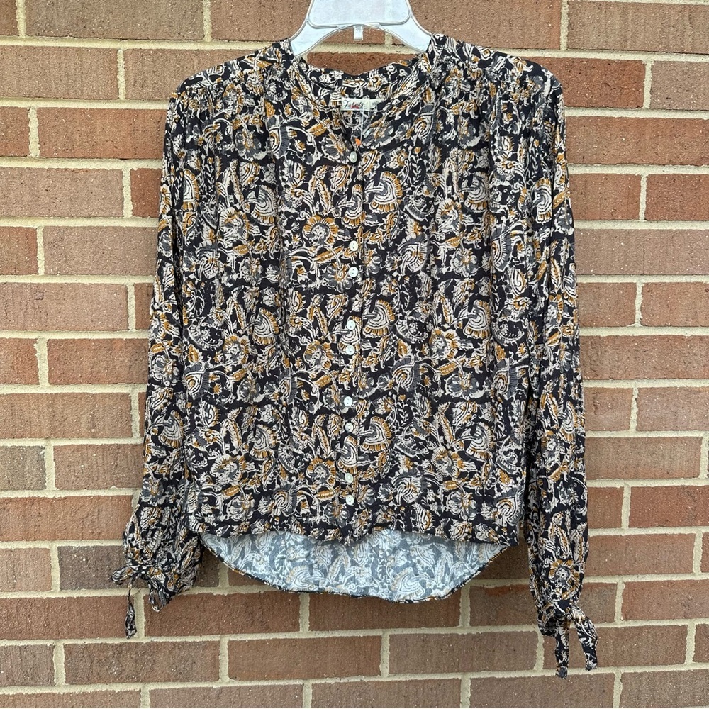 Faherty Everleigh Top in black paisley button-front blouse size XS extra small - Picture 3 of 10